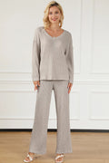 Ribbed V-Neck Top and Pants Lounge Set in Light Gray for Women