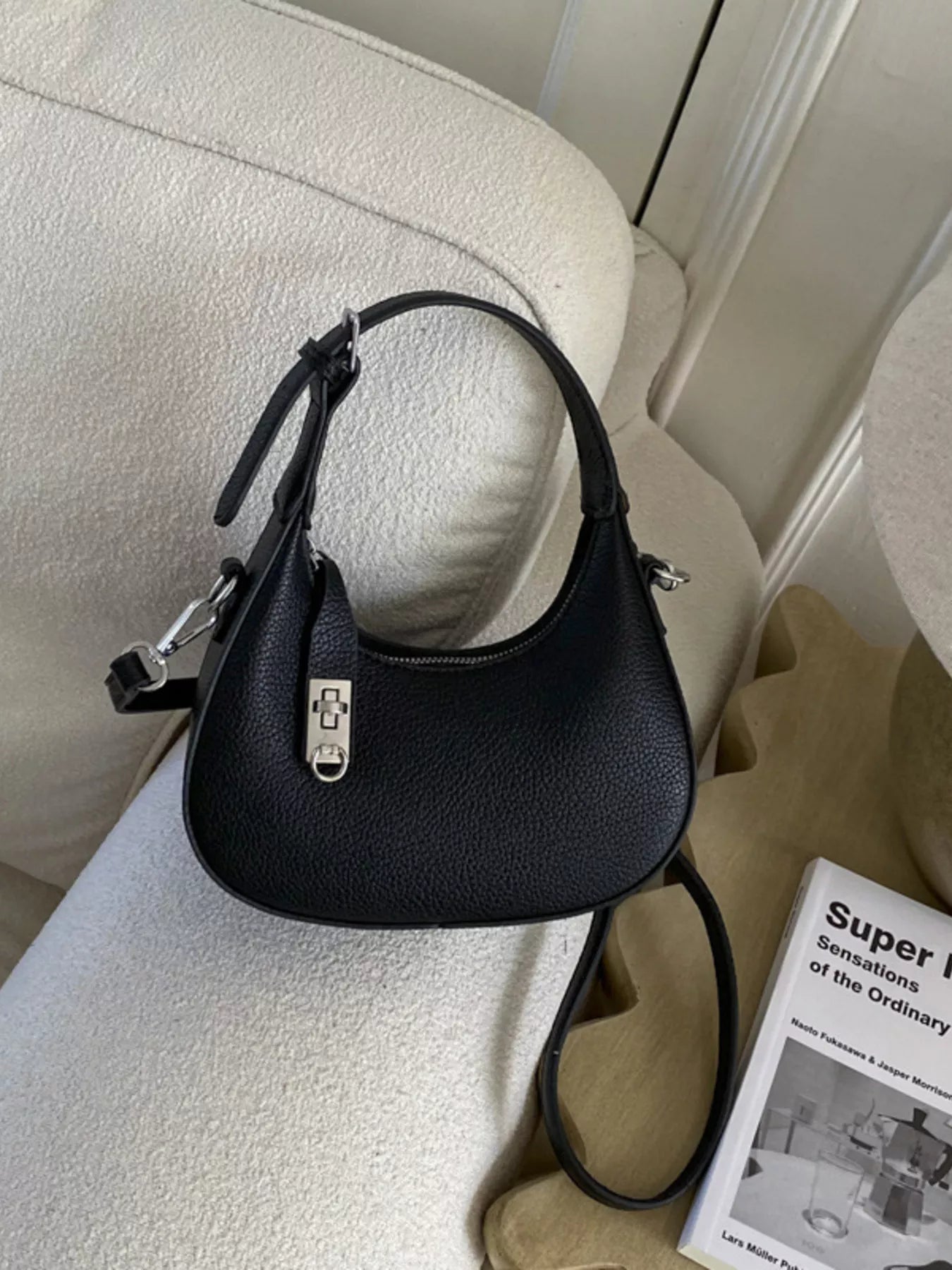Leather Crescent Crossbody Bag in Black for Women