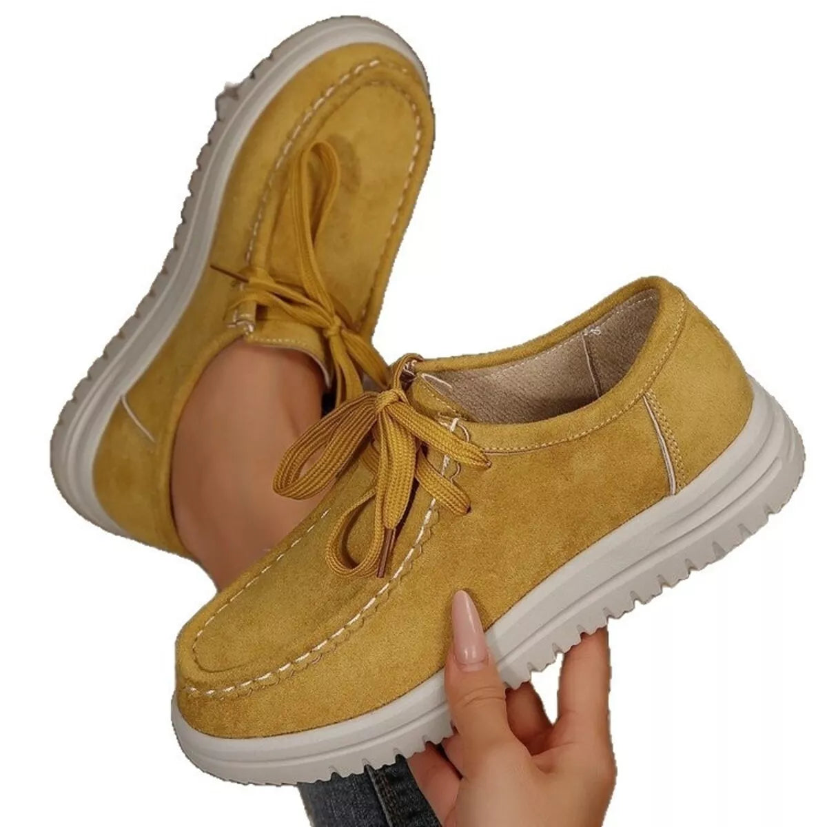 Lace Up Round Toe Loafers in Apricot for Women