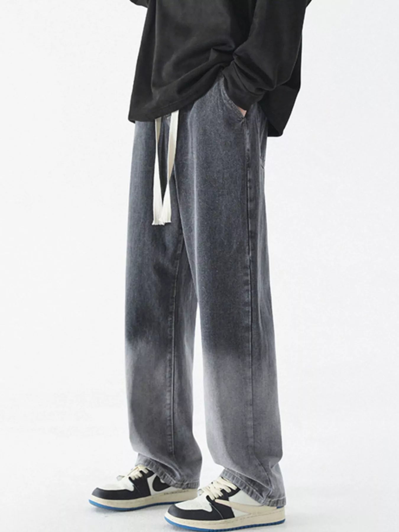 Wide Leg Washed Jeans Plus Size in Black and Gray for Men