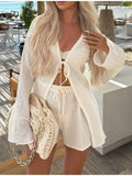 Tie-Front Cover-Up and Shorts Set in Apricot for Women