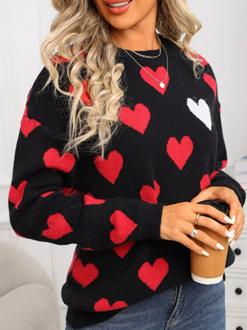 Valentines Day Heart Crew Neck Sweater in White for Women