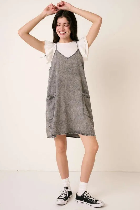 Washed Patch Pocket Mini Cami Denim Dress for Women