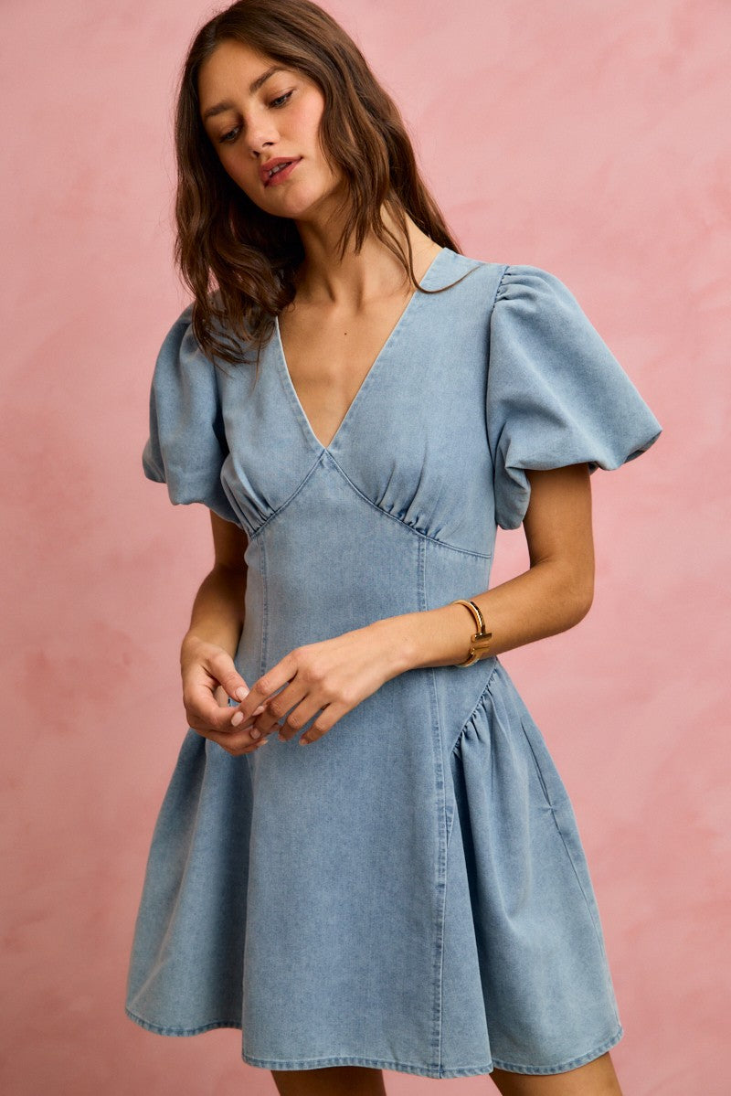 Bubble Sleeves Denim Fit and Flare Mini Dress in Light Denim for Women