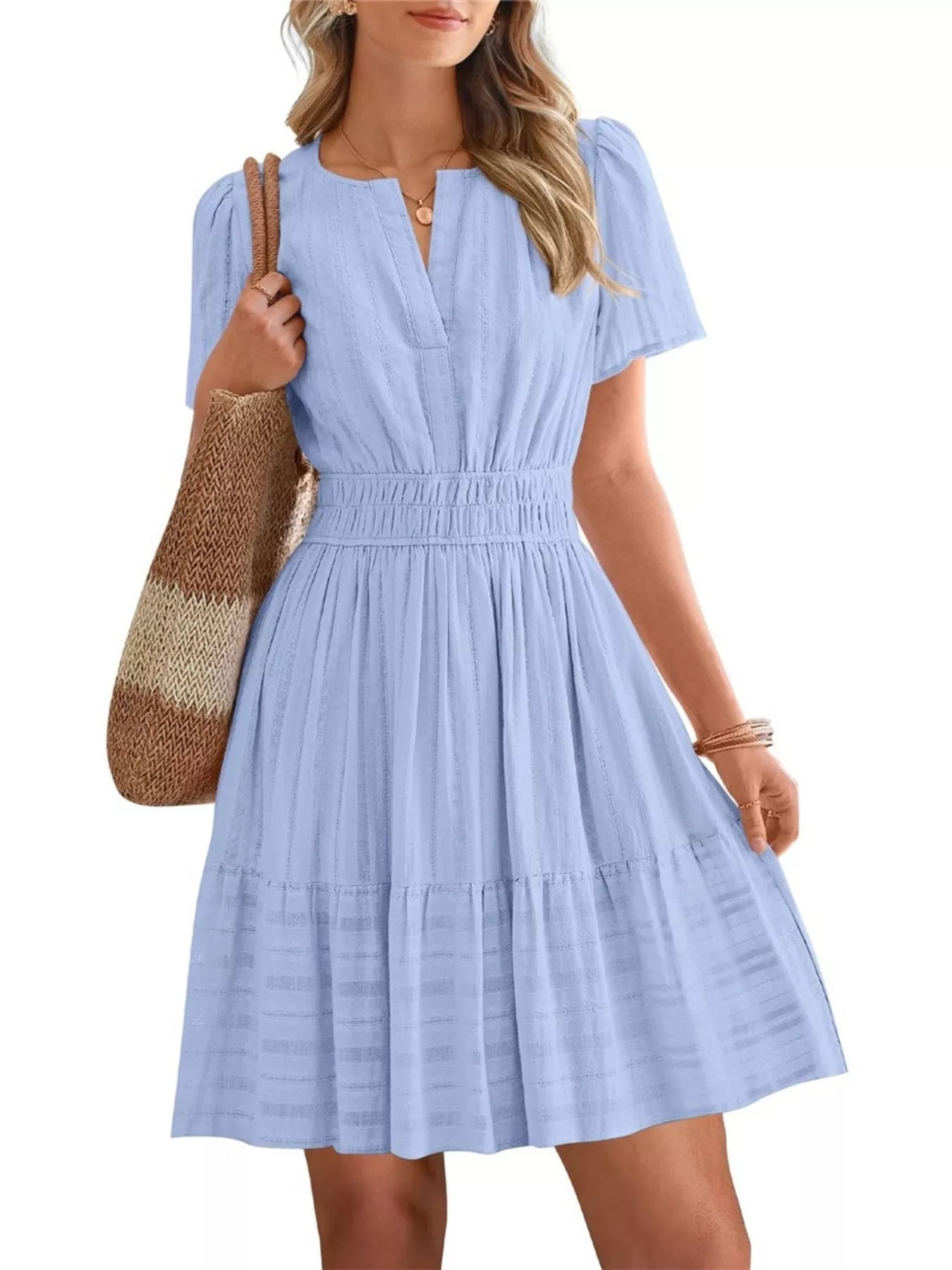 Short Sleeve Smocked Waist Tiered Dress in Red for Women