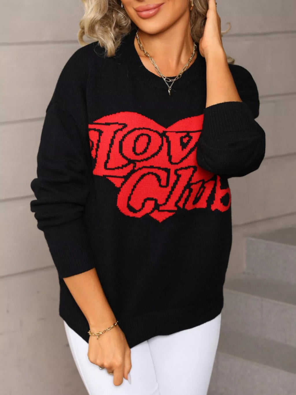 Valentines Day Love Club Heart Graphic Sweater in Black for Women