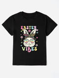 Easter Vibes Round Neck Short Sleeve T-Shirt in Black for Women