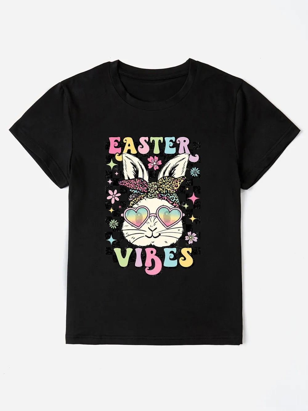 Easter Vibes Round Neck Short Sleeve T-Shirt in Black for Women