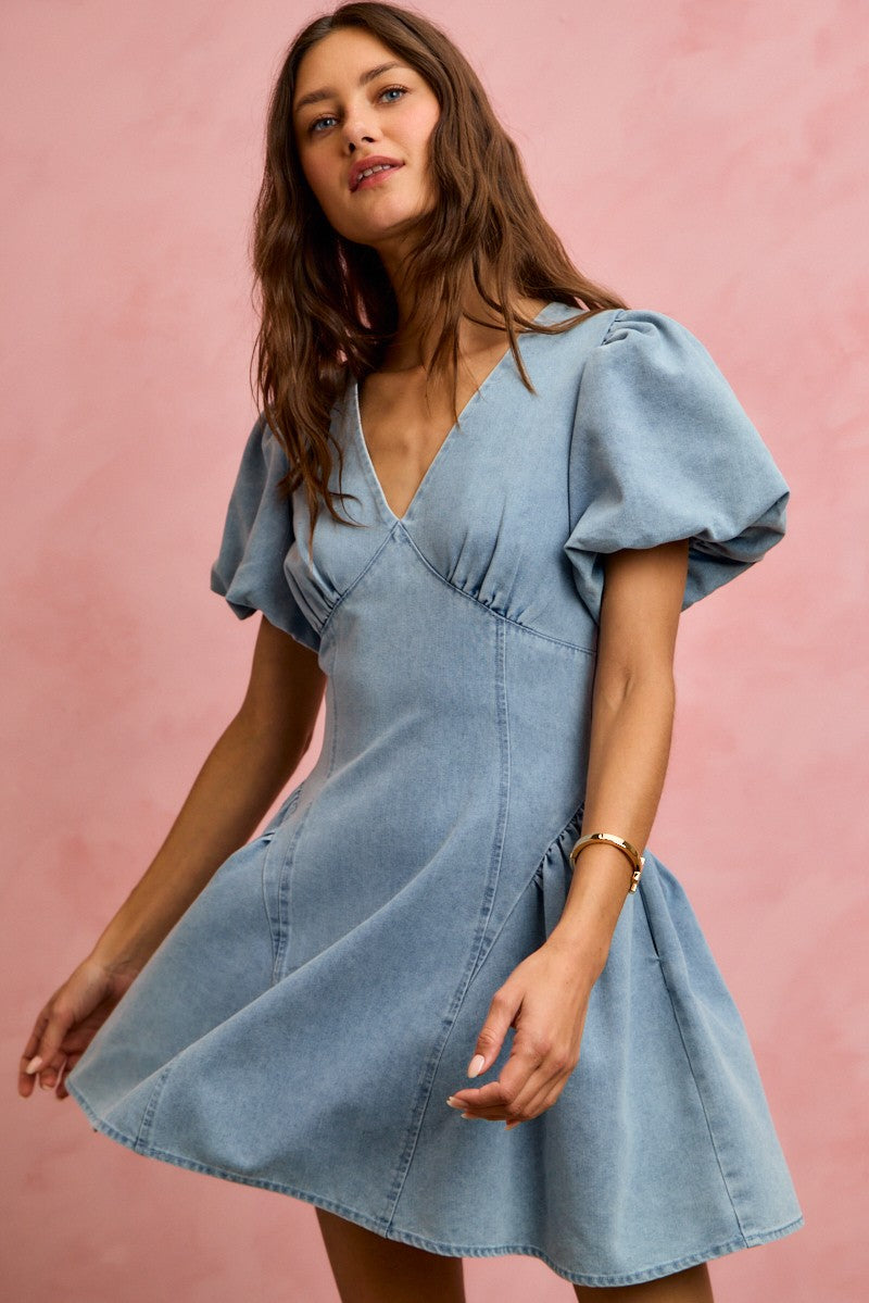 Bubble Sleeves Denim Fit and Flare Mini Dress for Women