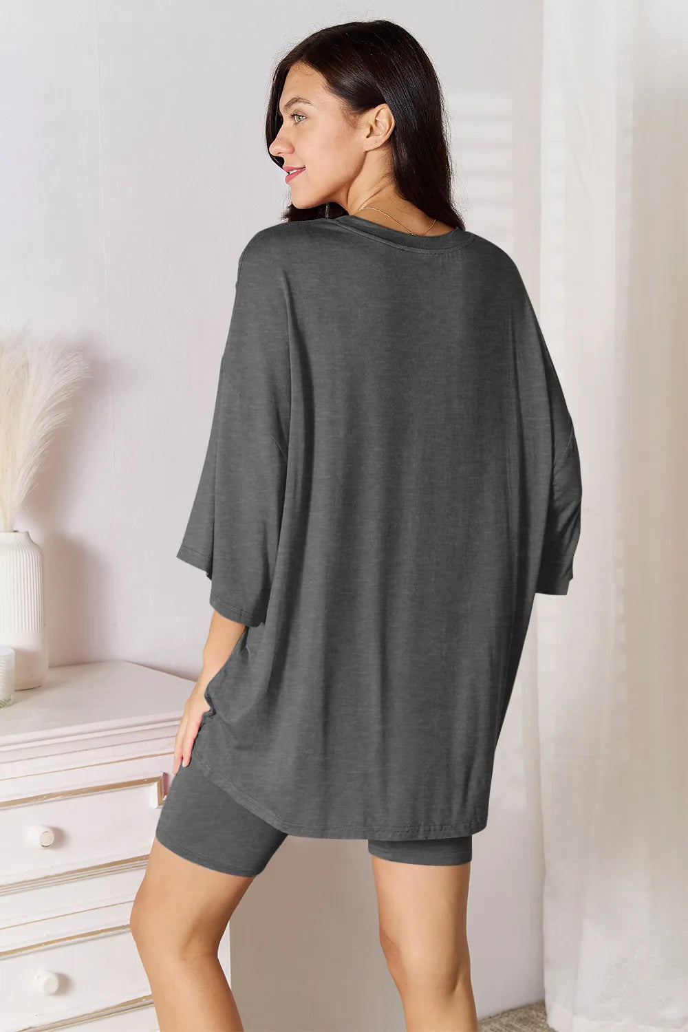 Plus Size Soft Rayon Three-Quarter Sleeve Top and Shorts Set in Hot Pink for Women