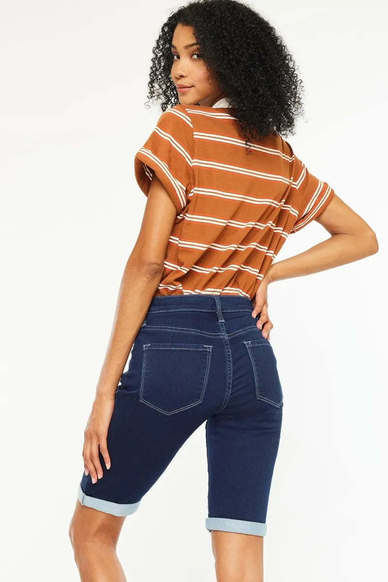 Mid Rise Bermuda Denim Shorts in Dark for Women