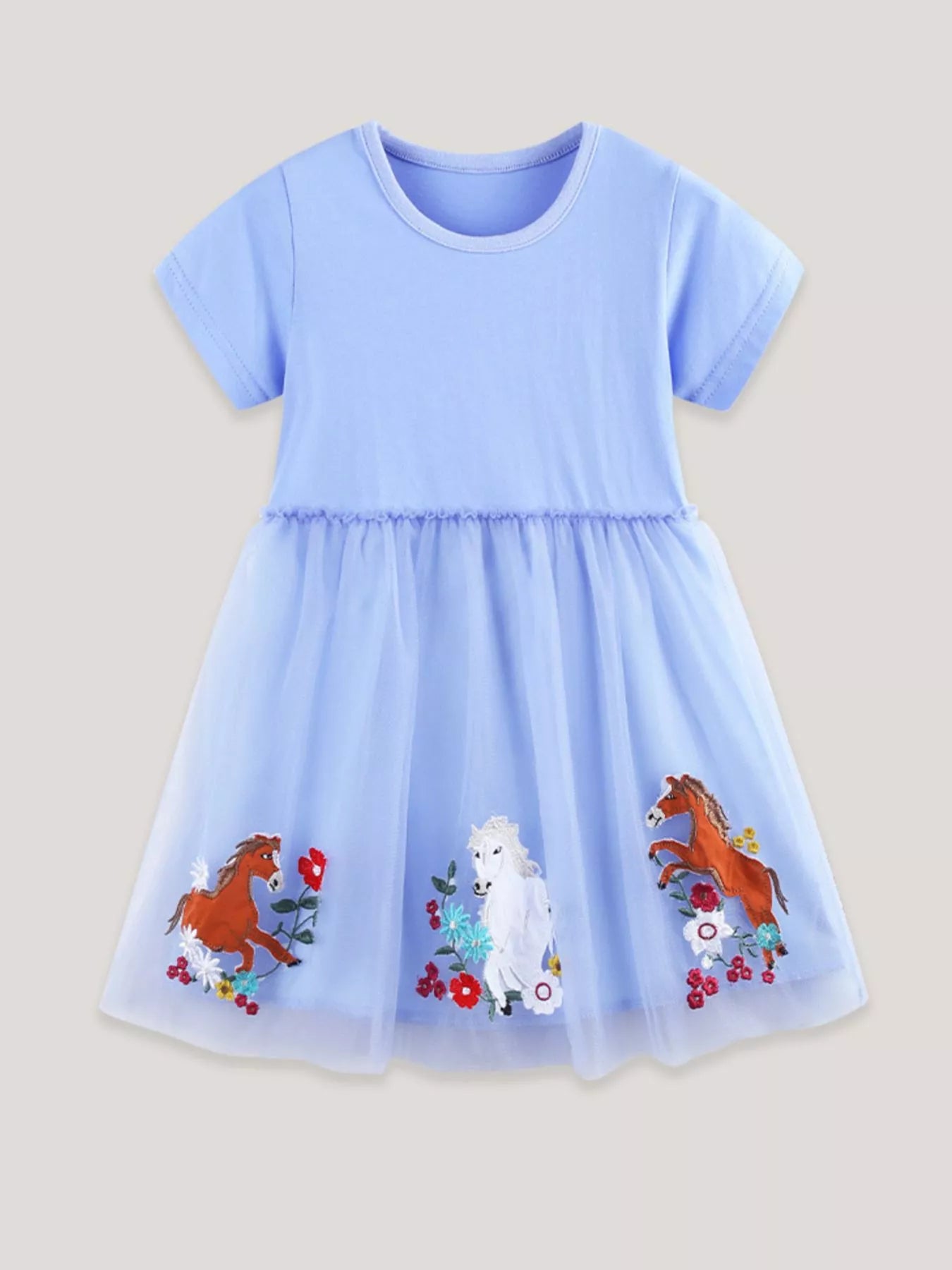 Horse Embroidered Tulle Dress in Dusty Blue for Girls