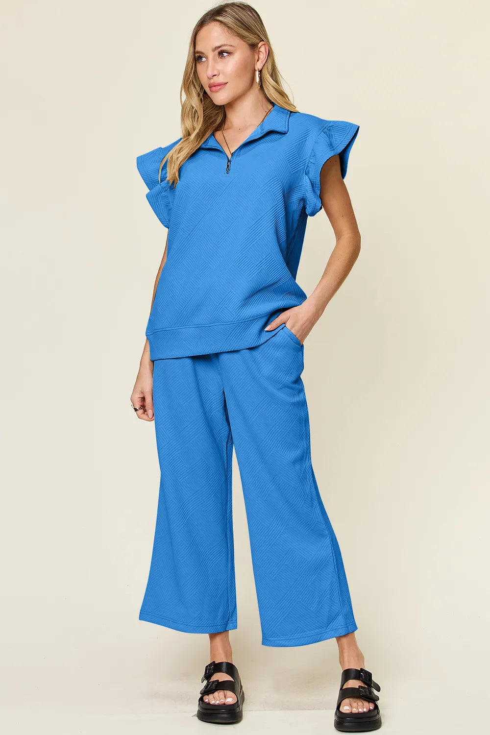 Texture Ruffle Short Sleeve Top and Drawstring Wide Leg Pants Set in Cerulean for Women