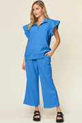 Texture Ruffle Short Sleeve Top and Drawstring Wide Leg Pants Set in Cerulean for Women