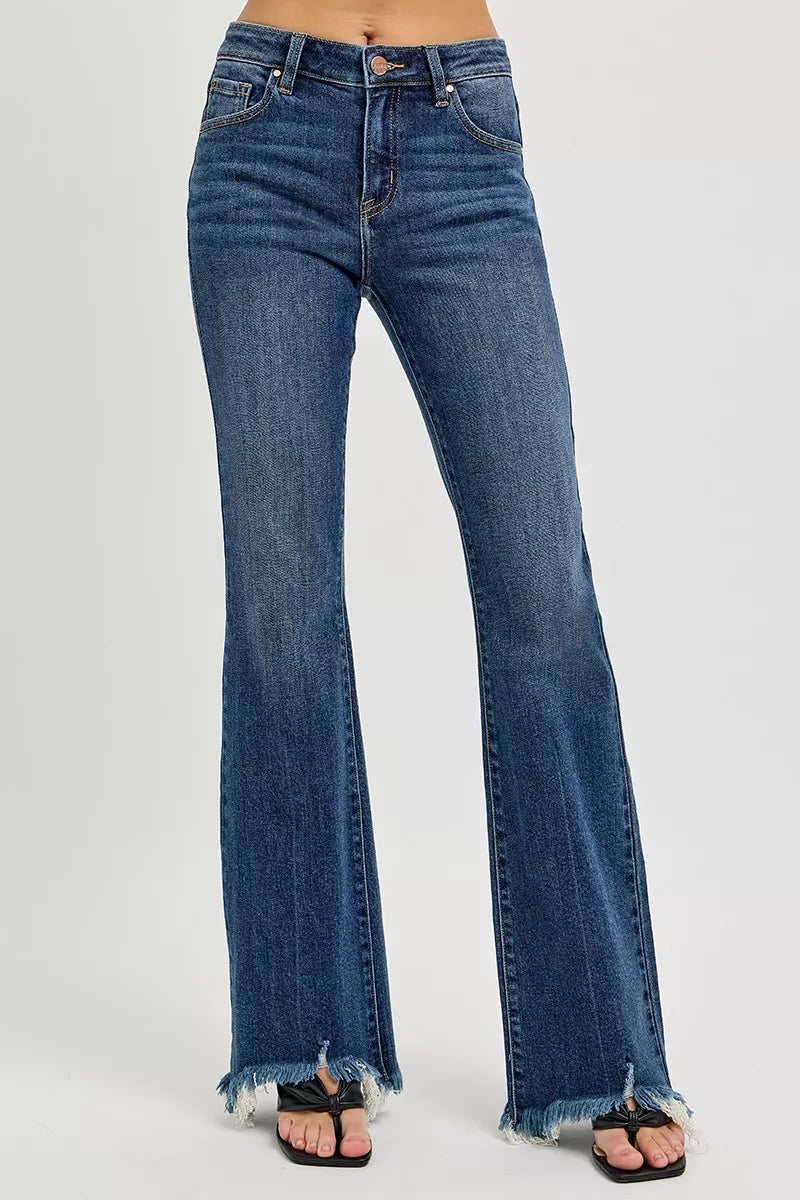 Mid Rise Flare Frayed Hem Jeans Plus Size in Dark for Women