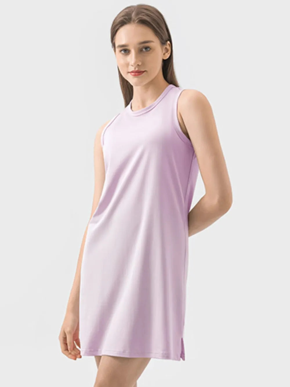 Round Neck Sleeveless Active Dress in Beige for Women