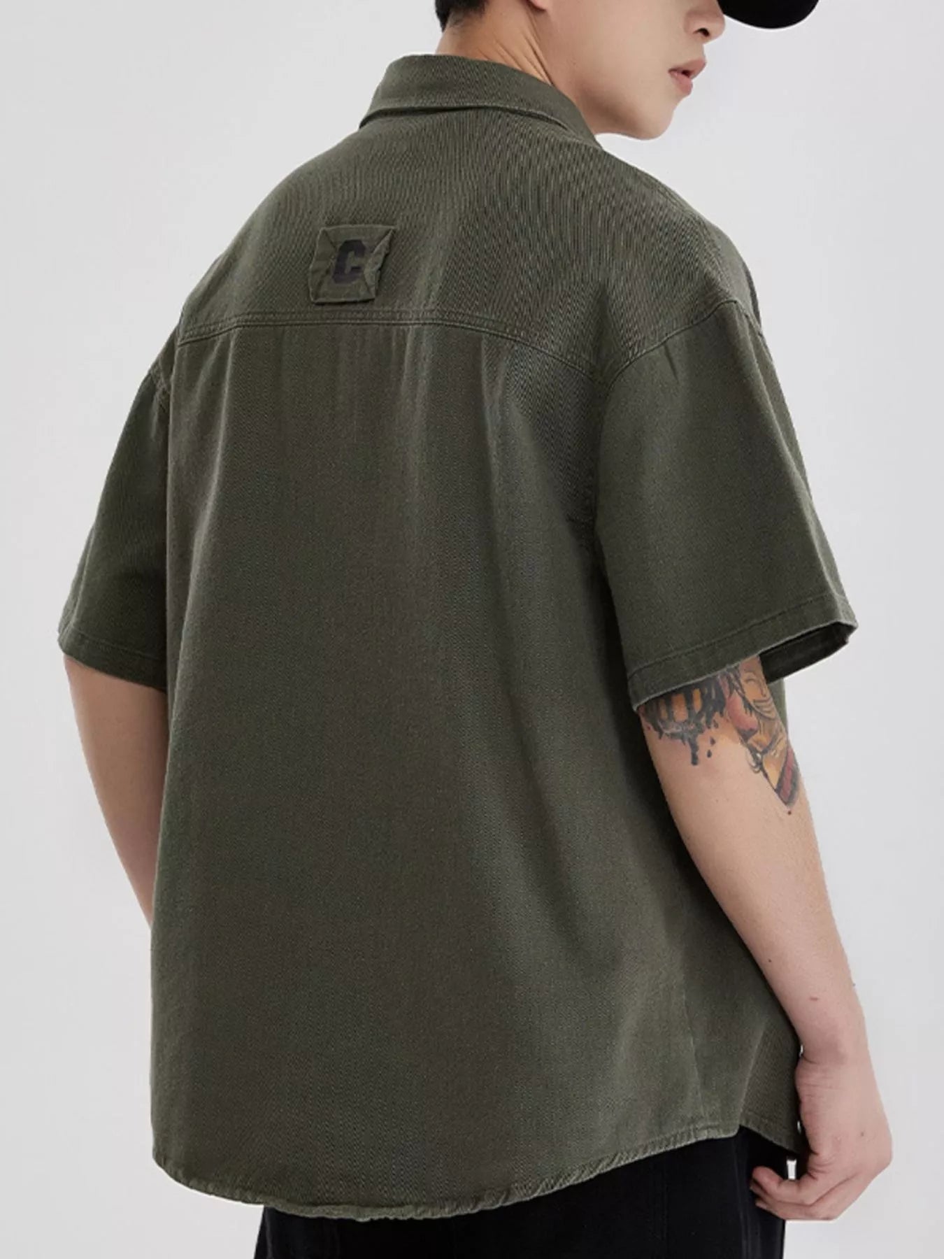 Button Down Oversized Short Sleeve Shirt Plus Size in Army Gray for Men