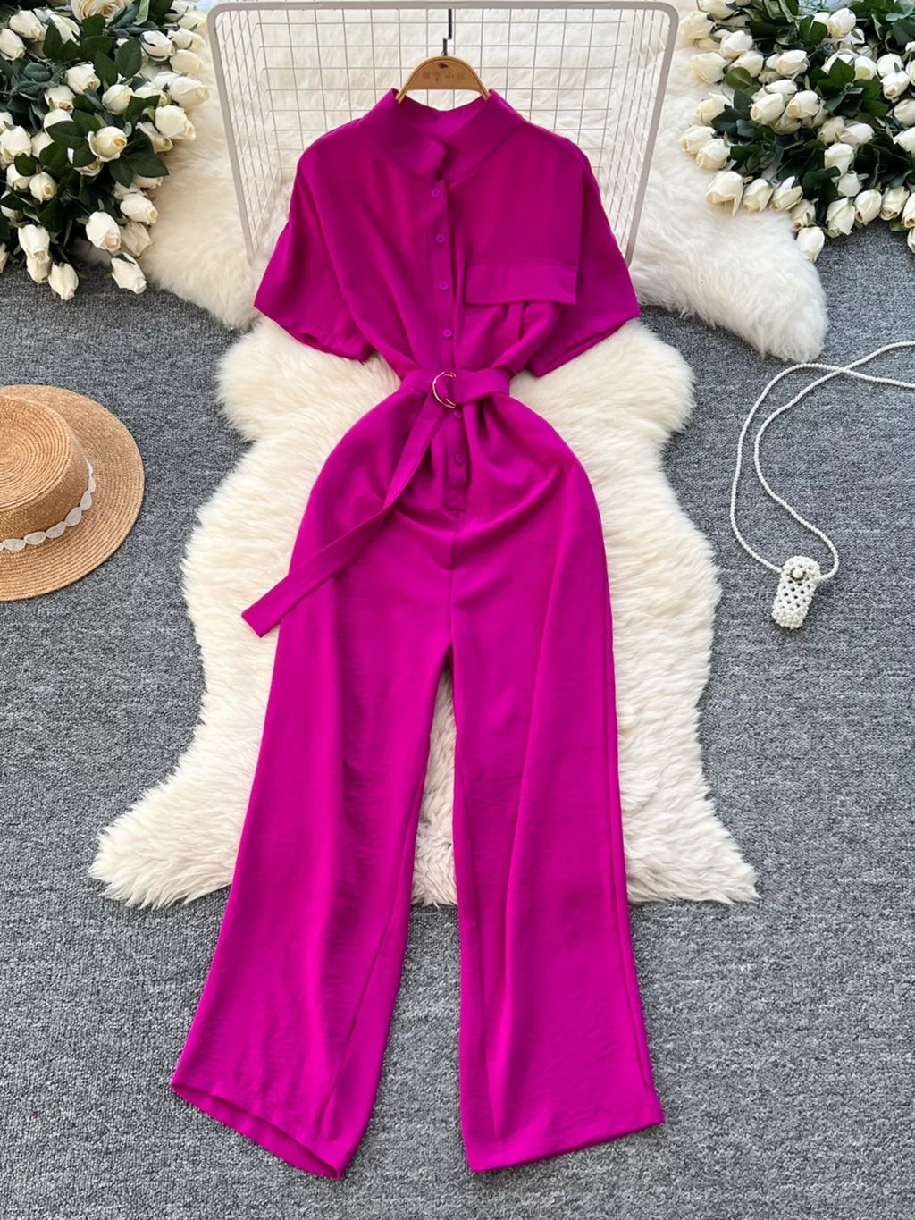 Red Button Front Wide Leg Jumpsuit for Women
