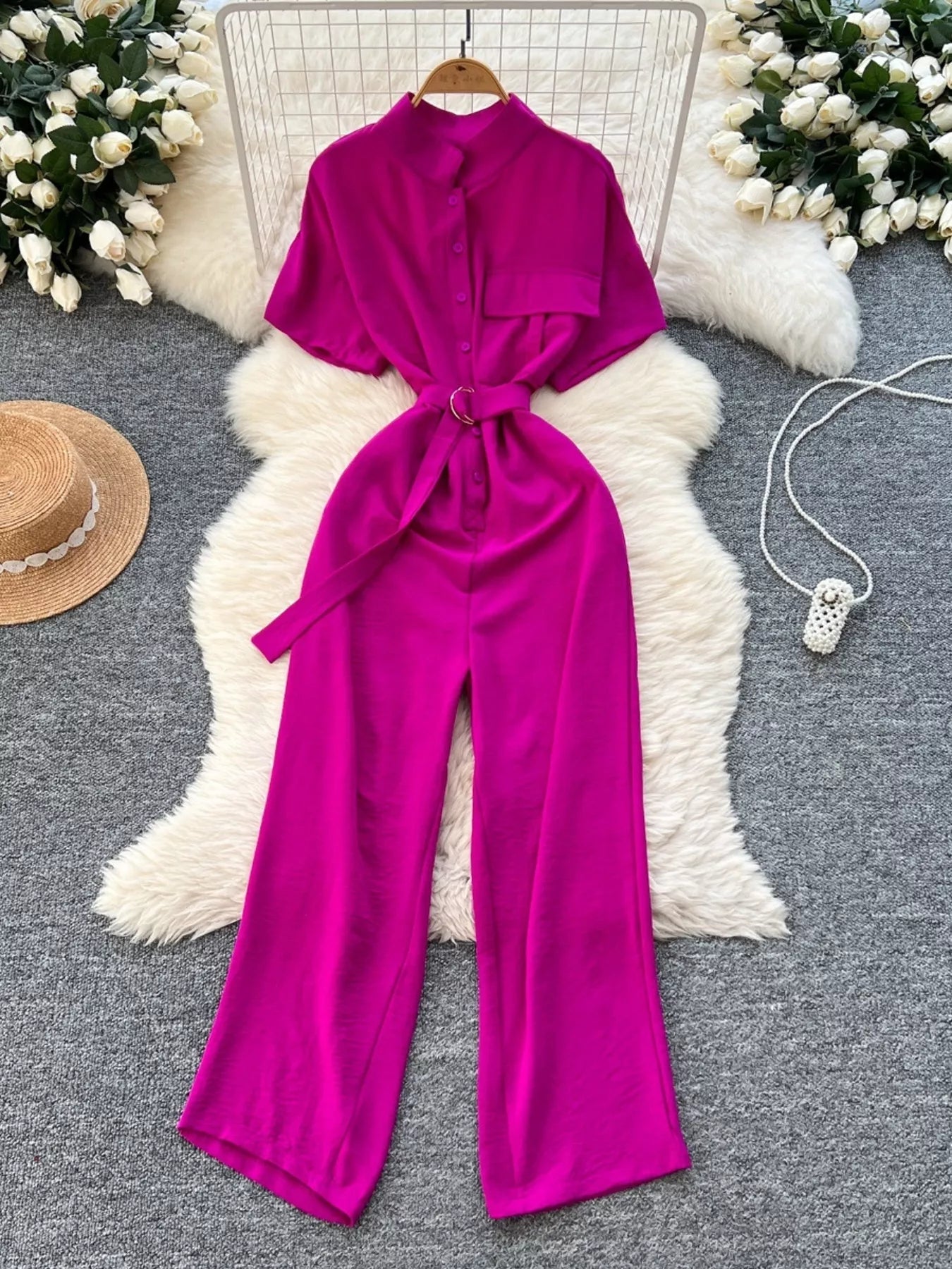 Red Button Front Wide Leg Jumpsuit for Women