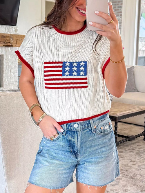 American Flag Knit Sweater Top in White for Women