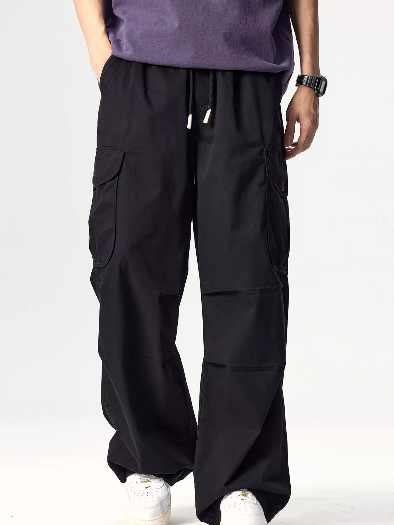 Plus Size Drawstring Wide Leg Cargo Pants in Deep Khaki for Men