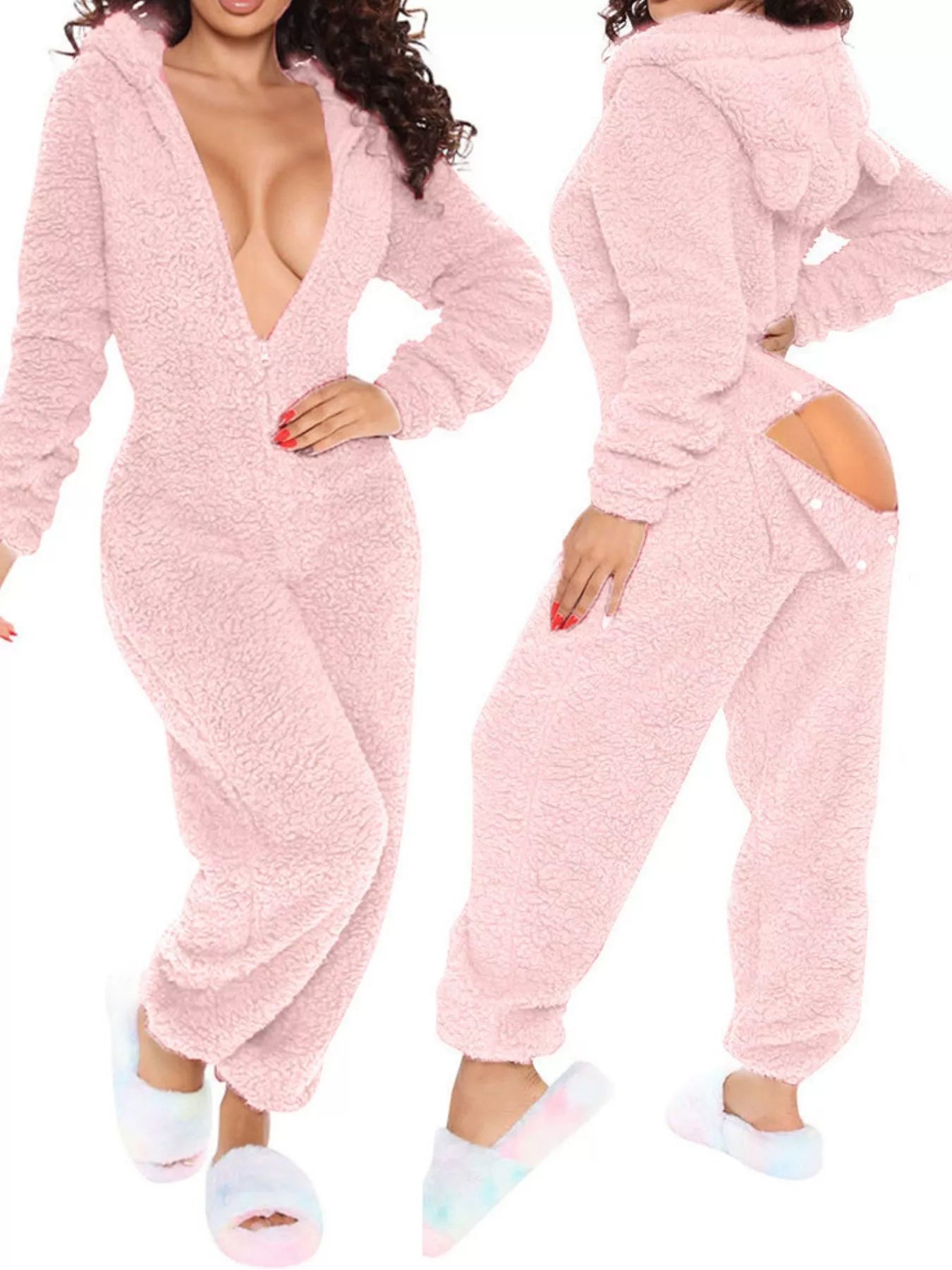 Fleece Hooded Open Back Jumpsuit in Pink for Women