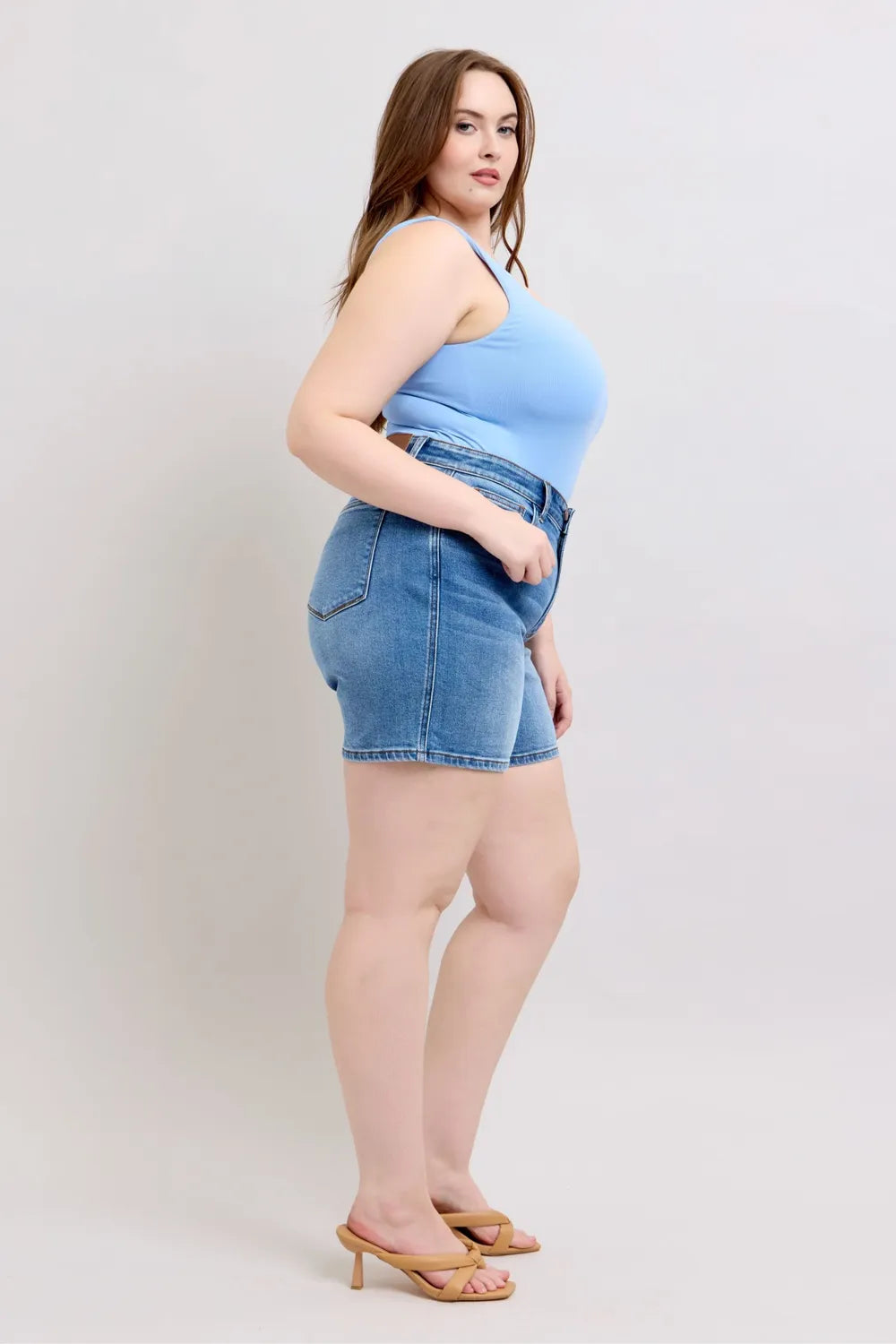 2 Button Denim Shorts with Pockets Plus Size in Medium for Women