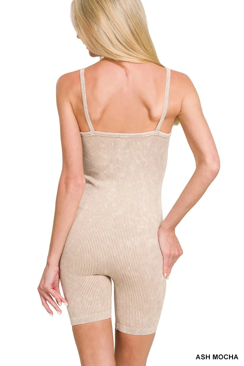 Stone Washed Ribbed Seamless Romper in Mocha for Women