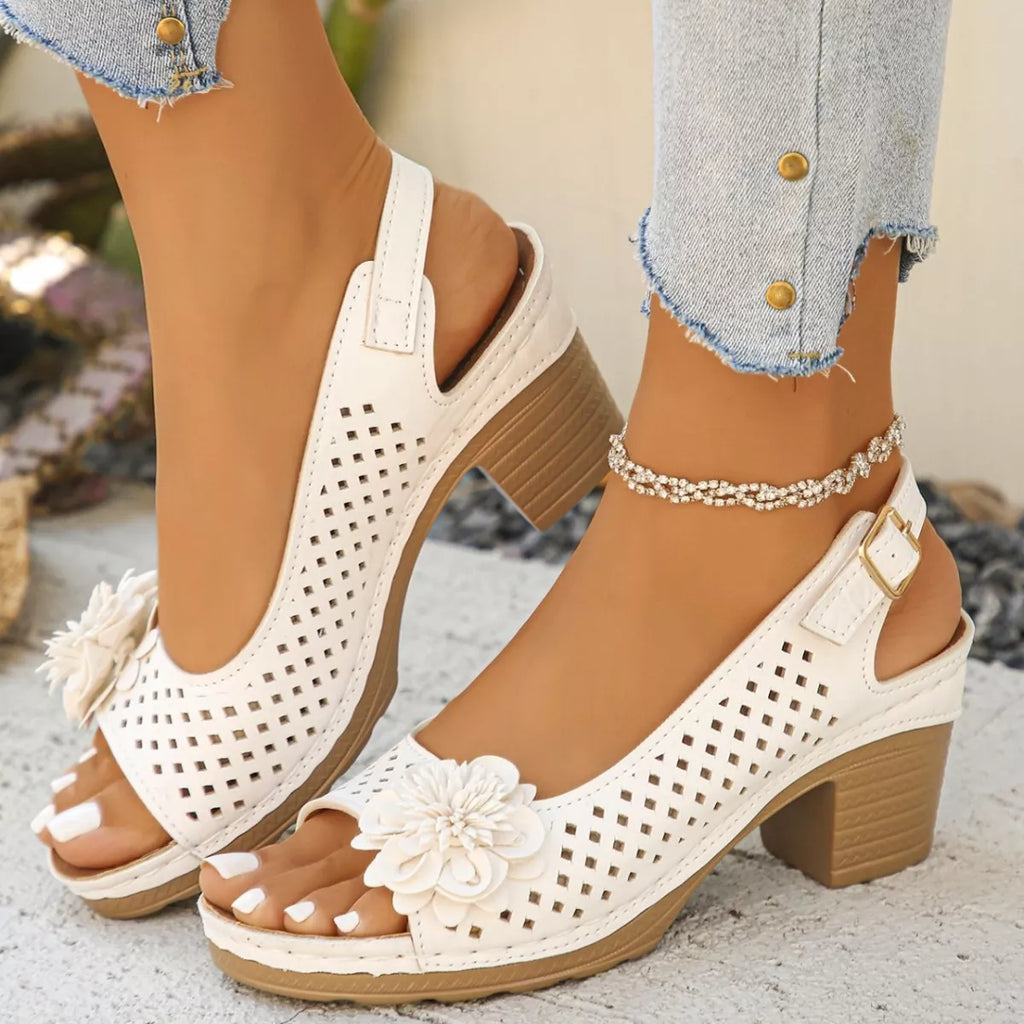 Floral Accent Block Heel Sandals in Brown for Women