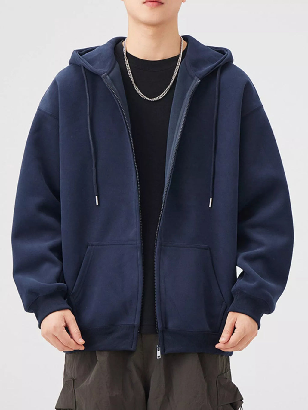 Casual Loose Fit Zip-Up Hoodie in Black for Men