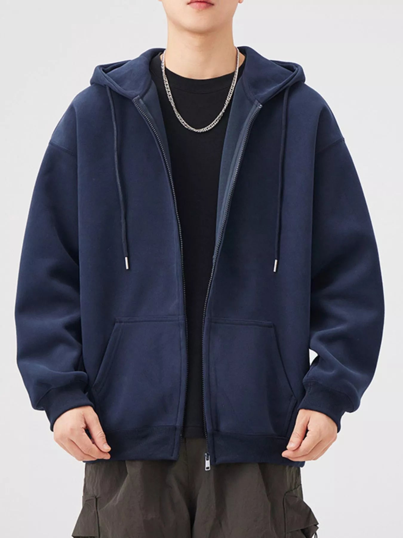 Casual Loose Fit Zip-Up Hoodie in Black for Men