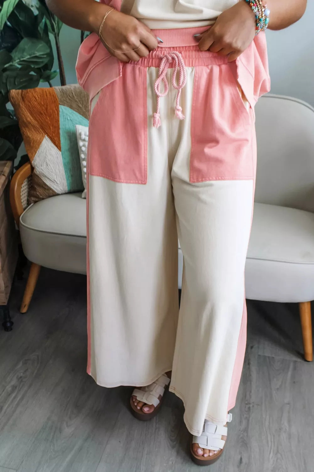 Two-Tone Color Block Patchwork Tee Drawstring Loose Pant Set in Pale Blush for Women
