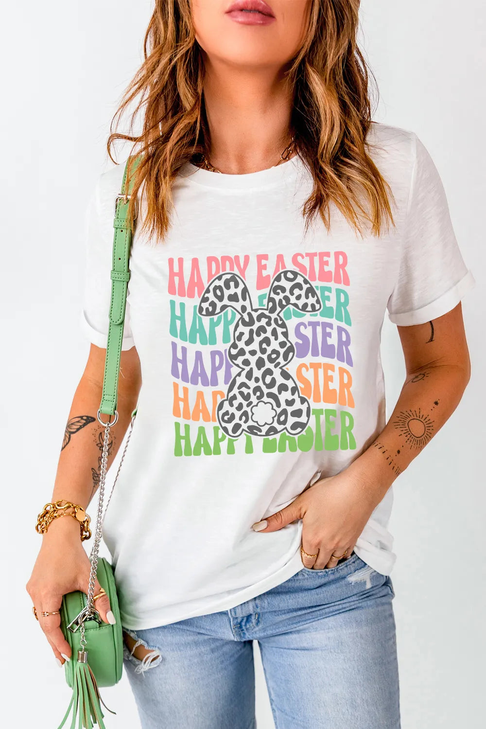 Happy Easter Round Neck Short Sleeve T-Shirt in White for Women