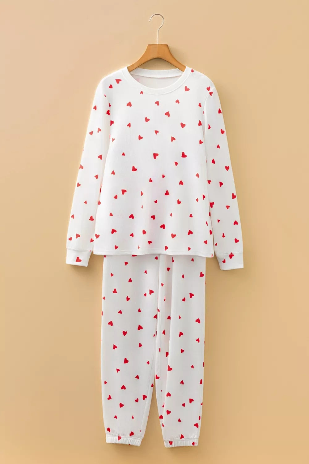 Hearts Printed Long Sleeve Top Drawstring Pants Lounge Set in White for Women
