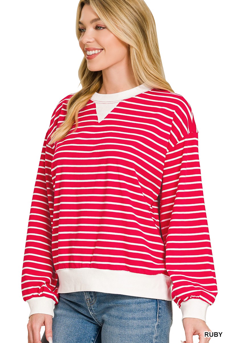 Striped Rib Banded Sweatshirt in Ruby for Women