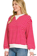 Striped Rib Banded Sweatshirt in Ruby for Women