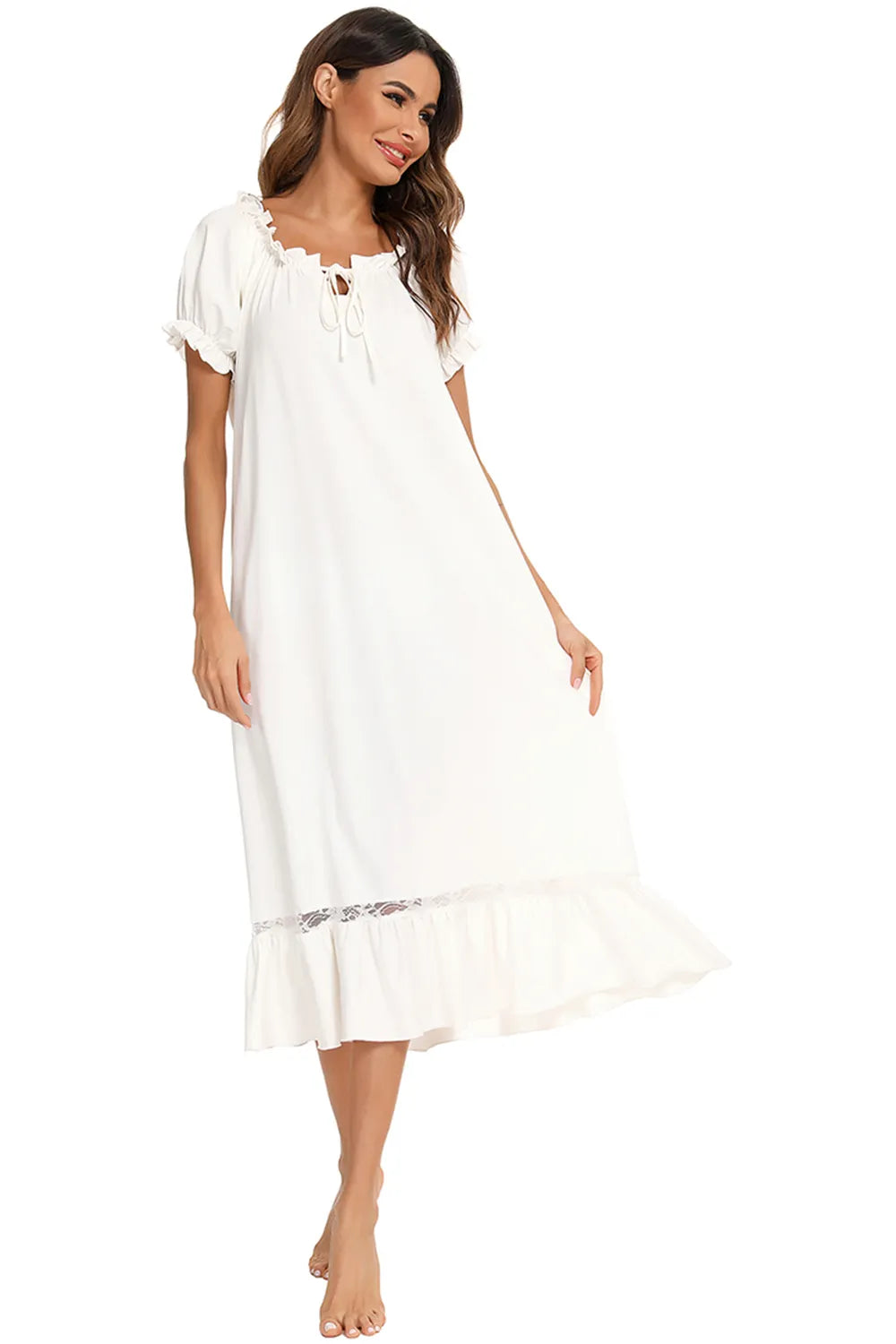 Lace Detail Short Sleeve Lounge Dress in Light Yellow for Women