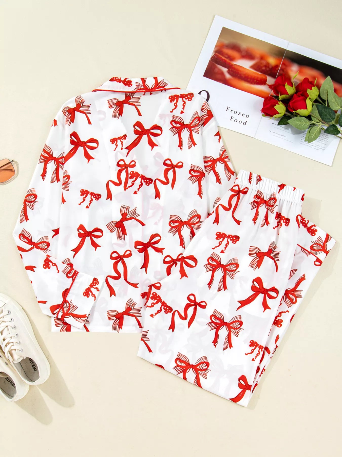 Christmas Bow Print Top and Pants 2pcs Pajama Set for Women