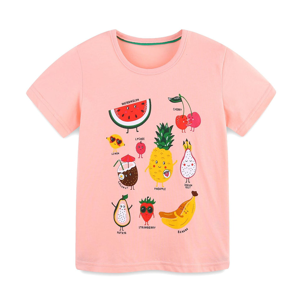 Cartoon Fruit Print Short Sleeve T-Shirt in Multicolor for Girls