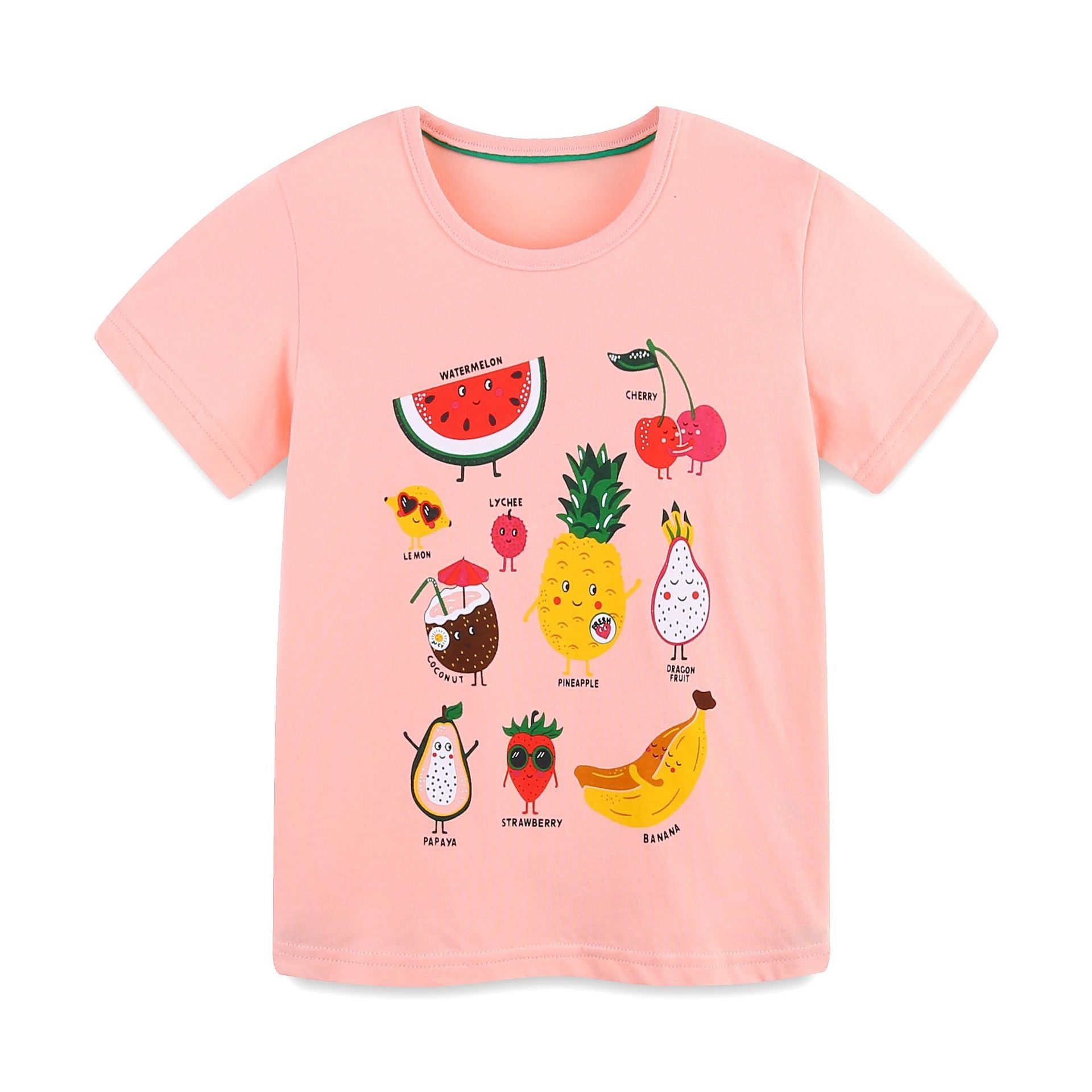 Cartoon Fruit Print Short Sleeve T-Shirt in Multicolor for Girls