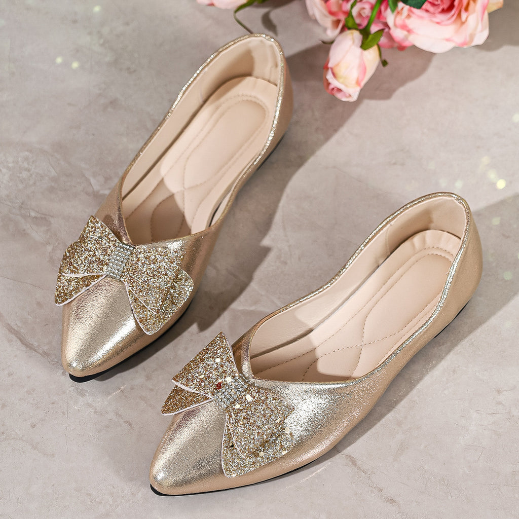 Bow Point Toe Slip-Ons in Gold for Women