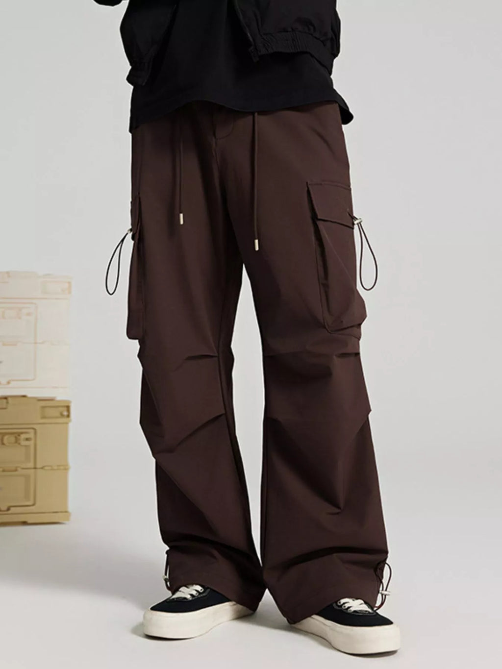 Wide Leg Pants with Cargo Pockets in Black for Men