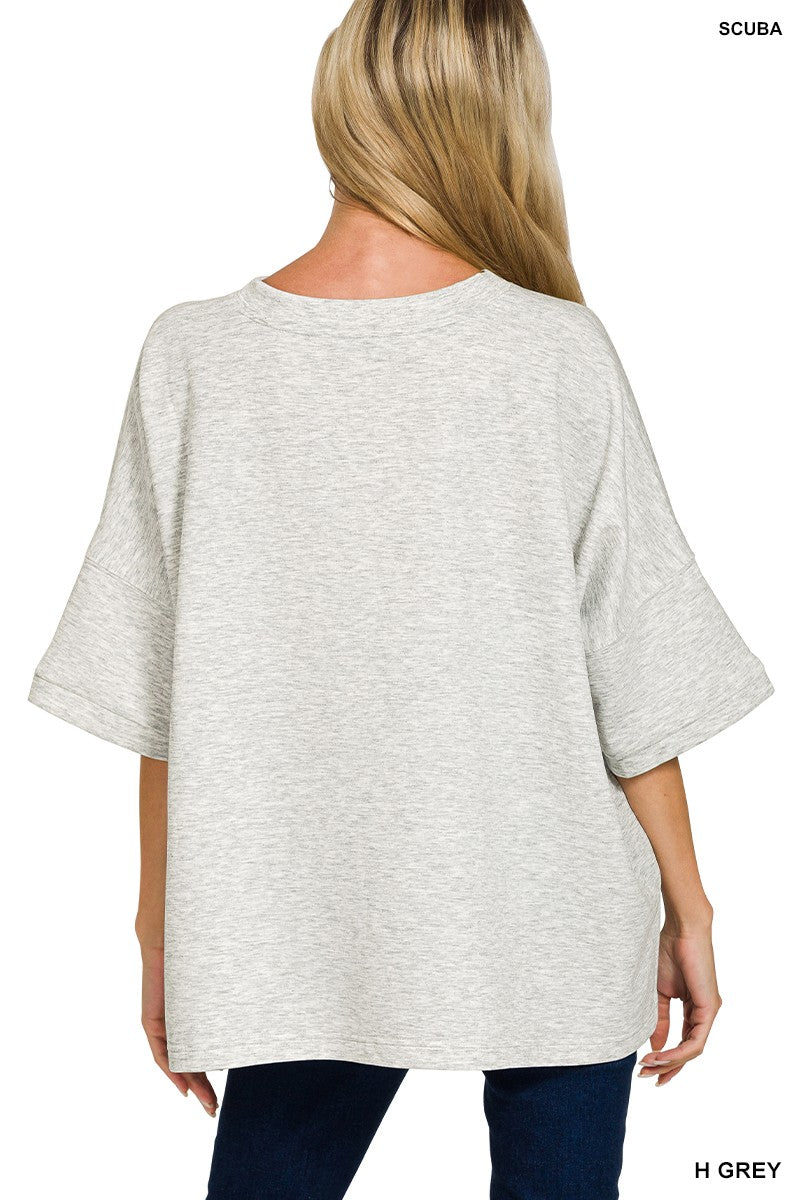 Scuba Round Neck Top with Side Slits in Heather Grey for Women