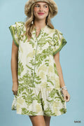 Toile Print Button-Front Placket Mini Dress with Dropped Ruffle Hem in Sage for Women
