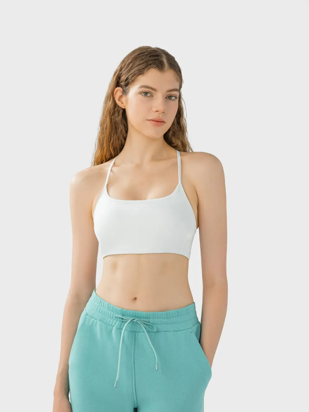 Crisscross Back Scoop Neck Active Cami with Detachable Chest Pads in White for Women