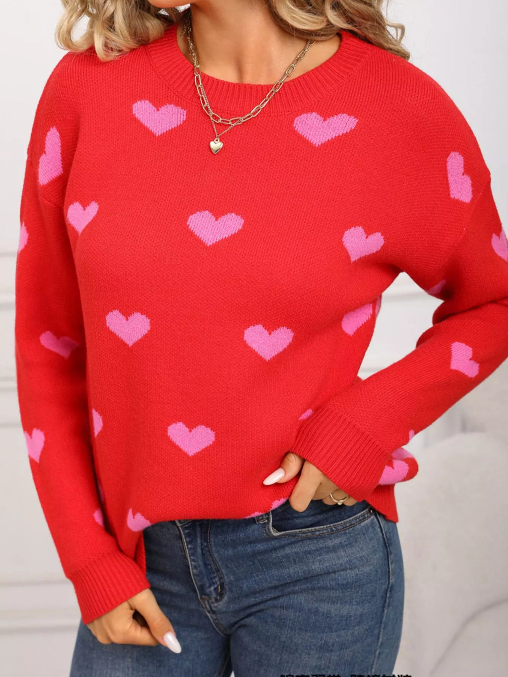 Valentines Day Heart Pattern Dropped Shoulder Sweater for Women