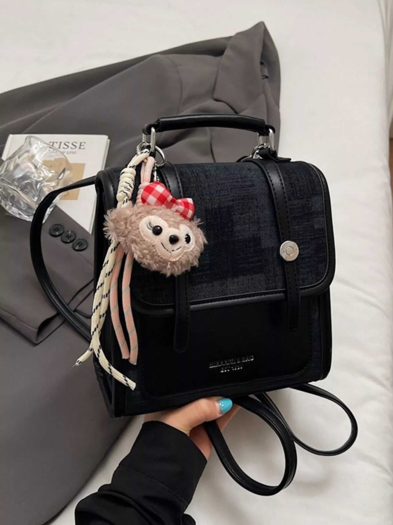 Flap Backpack Bag with Plush Charm for Women