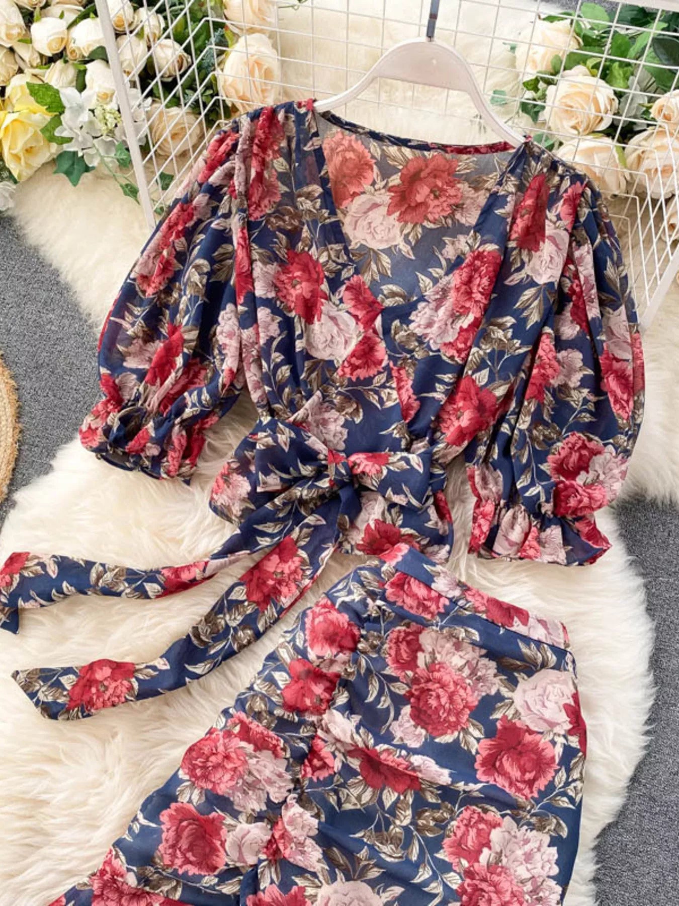 Floral Print Crop Top and Skirt Set for Women