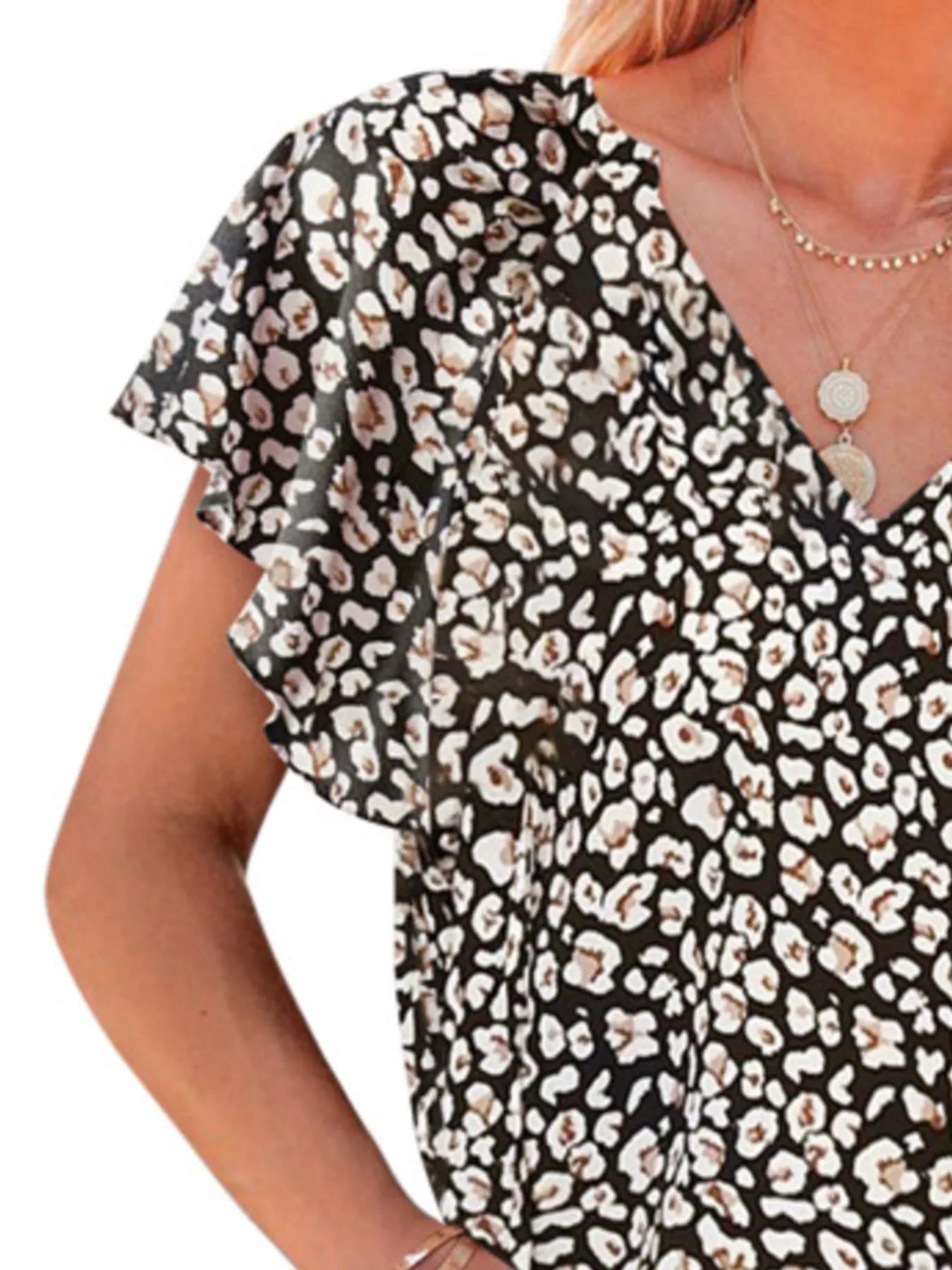 Floral Print Flutter Sleeve V-Neck Blouse Plus Size in Blue for Women