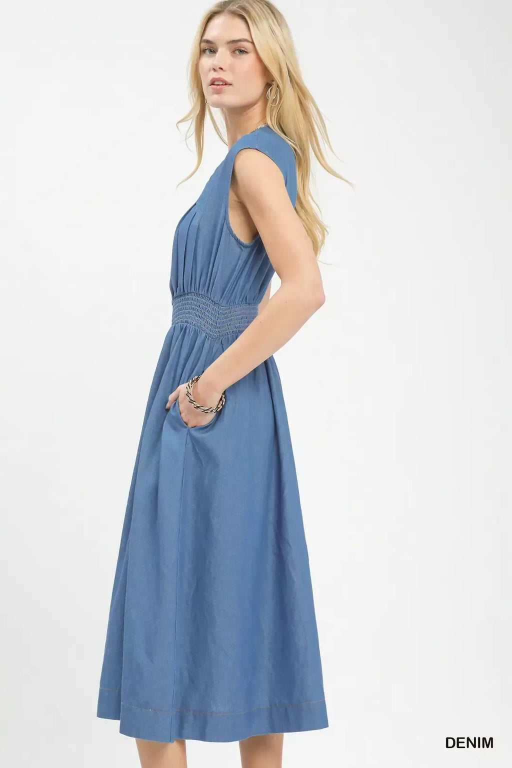 Denim Sleeveless Zip-Front Smocked Waist Midi Dress for Women